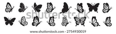 Butterfly insect, black and white wings, organic shapes. Aesthetic, tattoo silhouette, hand drawn stickers. Vector graphic in trendy style. Baby shower design elements. Party invitation, birthday  