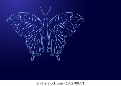 L'insecte papillon du contour, une brosse classique de couleur bleue, a des lignes différentes d'épaisseur et des étoiles brillantes sur fond noir. Illustration vectorielle.