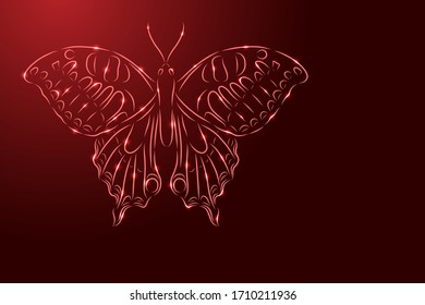 Butterfly insect from the contour red brush lines different thickness and glowing stars on dark background. Vector illustration.
