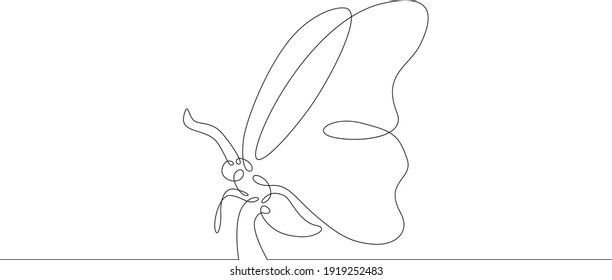 Butterfly insect flies in flight spreading its wings . One continuous drawing line  logo single hand drawn art doodle isolated minimal illustration.