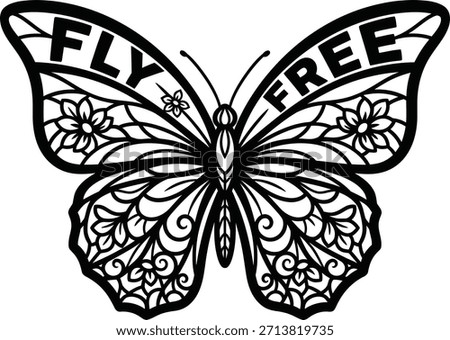 Butterfly insect with floral wings vector illustration with Fly Free text for nature designs on a transparent background.