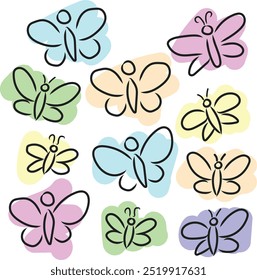 Conjunto de iconos de insectos mariposa. Estilo de boceto Doodle. Esquema conjunto de mariposa con fondo de color simple. Para tarjetas, logotipo, decoraciones, invitaciones, Diseño web, pegatinas