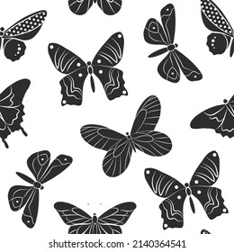 Butterfly insect isolated vector illustration. Black and white seamless pattern template. Simple graphic outline drawing. Doodle fly animal icon set.
