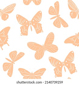 Ilustración vectorial aislada de insectos de mariposa. Plantilla de patrón impecable color naranja pastel. Dibujo gráfico simple. Juego de iconos de animales de la mosca del perro. Diseño de papel pintado de guardería.
