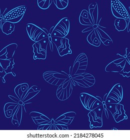 Butterfly insect isolated vector illustration. Blue seamless pattern template. Simple graphic outline hand drawing. Doodle fly animal icon set.