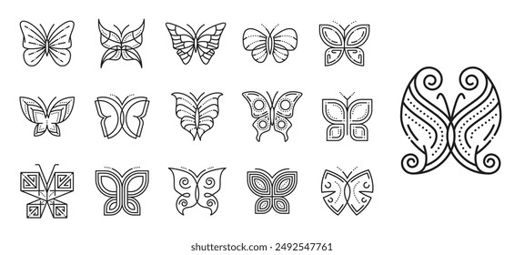 Butterfly insect line icon. Vector silhouettes of abstract butterflies and moths with open wings, decorated with elegant geometric pattern. Trendy line art flying insects, tattoo or spa salon symbols