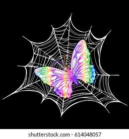 Butterfly, insect on a cobweb. Spiderweb, trap. Vector illustration. Web for Halloween. Line drawing with mascara, handmade. Element for Gothic tattoo design. Decorative print for clothes, t-shirts. 