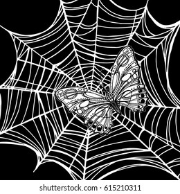 Butterfly, insect on a cobweb. Spiderweb, trap. Vector illustration. Web for Halloween. 