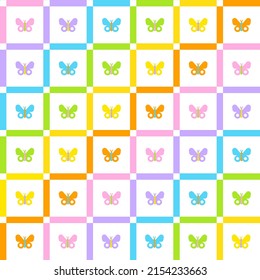 Butterfly Insect Rainbow Cute Pastel Scott Plaid Tartan Checkered Line Overlap Intersect Gingham Seamless Pattern Cartoon Vector Illustration Print Background Fashion Fabric Picnic