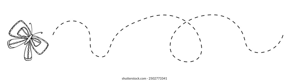 Butterfly insect trail with dotted line. Vector doodle illustration