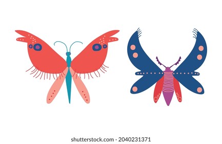 Butterfly Insects as Hexapod Flying Creature with Jointed Legs and Pair of Antennae Vector Set