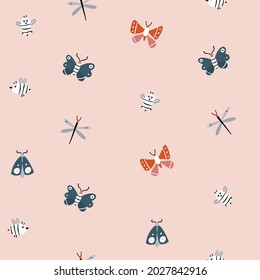 Butterfly and insects vector pattern. Seamless background with little butterflies and moths