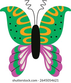 A butterfly with intricate patterns on its wings in a bold cartoon style. The vibrant design showcases swirling and dotted motifs. Cartoon vector illustration.