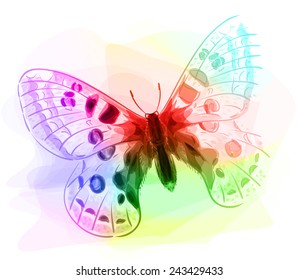 Butterfly. Iridescent colours. Unfinished Watercolor drawing imitation. Vector illustration.