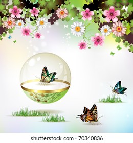 Butterfly isolated in glass globe on springtime background, vector illustration