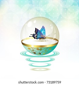 Butterfly isolated in glass globe suspended with waves