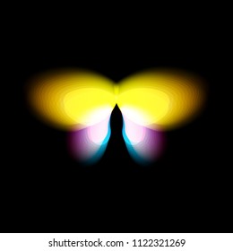 Butterfly isolated logo. Bright colorful butterflies wings, dynamic movement, blurred effect. Abstract vector logotype on black background.