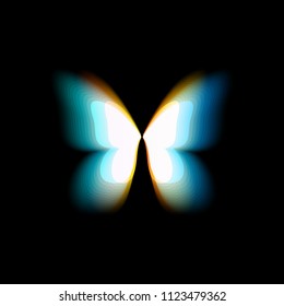 Butterfly isolated logo. Bright colorfull butterflies wings, dynamic movement, blurred effect. Abstract vector logotype on black background.