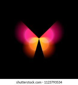 Logo aislado de mariposa. Unas alas de mariposas brillantes, movimiento dinámico, efecto difuminado. Logotipo de vector abstracto en fondo negro.