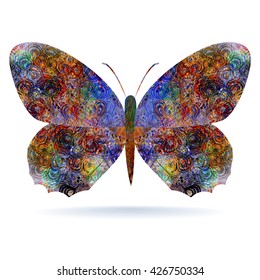 Butterfly. Isolated on white background. Motley wings. Symmetrical stylized abstract pattern. Brown and blue.
