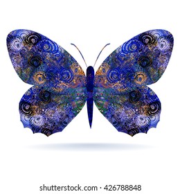 Butterfly. Isolated on white background. Spotted wings. Symmetrical stylized abstract pattern.