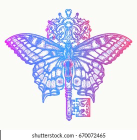 Butterfly and key color tattoo art. Mystical symbol of freedom, spiritual search, flight, travel 