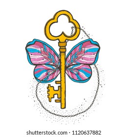 Butterfly and key magic illustration. Mystical symbol of freedom, spiritual search, flight, travel. Beautiful butterfly t-shirt design boho style.Vintage Hands with Old Fashion Tattoos. Vector art
