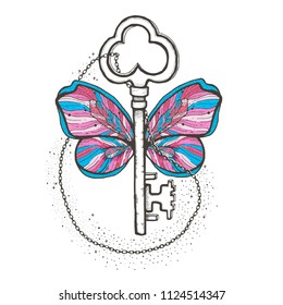 Butterfly and key magic illustration. Mystical symbol of freedom, spiritual search, flight, travel. Beautiful butterfly t-shirt design boho style.Vintage Hands with Old Fashion Tattoos. Vector art