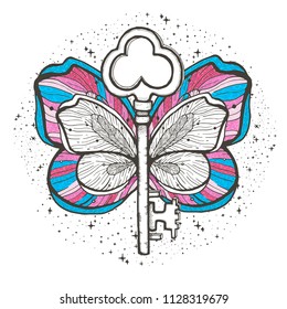 Butterfly and key magic illustration. Mystical symbol of freedom, spiritual search, flight, travel. Beautiful butterfly t-shirt design boho style.Vintage Hands with Old Fashion Tattoos. Vector art