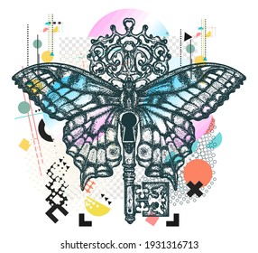 Butterfly and key. Mystical symbol of freedom, spiritual search, flight, travel. Zine culture concept. Hand drawn vector glitch tattoo, contemporary  cyberpunk collage. Vaporwave art 