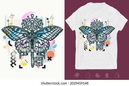 Butterfly and key. Mystical symbol of freedom, spiritual search flight, travel. Zine culture concept. Hand drawn vector glitch tattoo. T-shirt design. Creative print for clothes. Template for posters