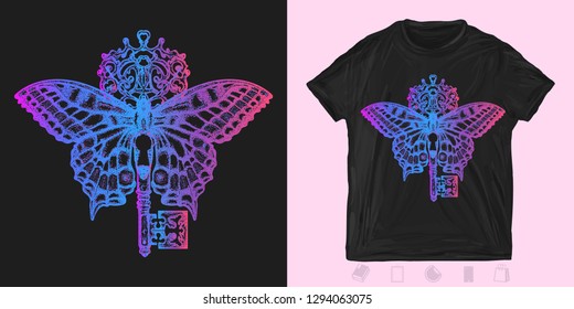 Butterfly and key. Print for t-shirts and another, trendy apparel design. Mystical symbol of freedom, spiritual search, flight, travel 