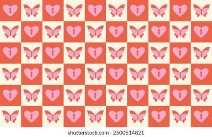 Mariposa y ojo de la cerradura del corazón sin patrón en la Ilustración vectorial de fondo a cuadros. Diseño de adorno trippy groovy para textiles, telas, envases. y2k y estética de los años 70 