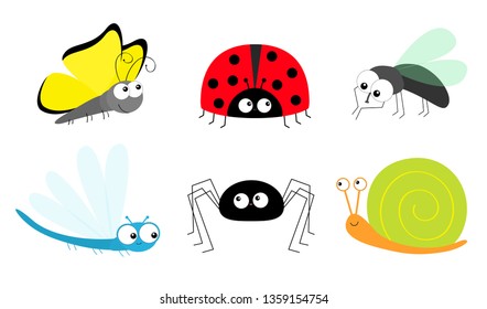 Butterfly Lady bug ladybird Fly Housefly Spider Snail Dragonfly insect icon set. Baby kids collection. Cute cartoon kawaii funny character. Smiling face. Flat design. White background. Vector