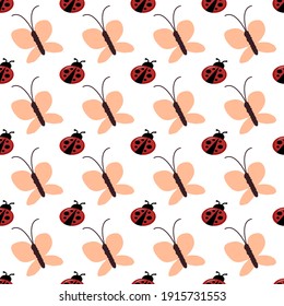 Butterfly and lady bugs pattern white background 