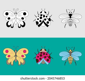 A butterfly, a ladybug and a bee. The illustration is made in two versions in black and white and color. Decorative children's image of insects.