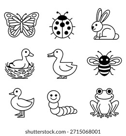Mariposa mariquita conejo pato abeja gusano rana Vector
