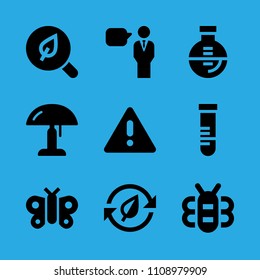 butterfly, lamp, search, warning, speech, bee, test tube, flask and recycling vector icon. Simple icons set