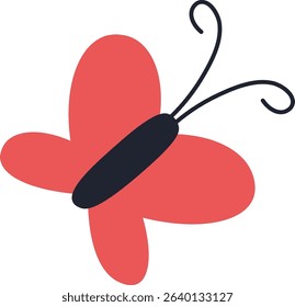 A butterfly with large wings and curved antennae in a playful drawing style. The insect is depicted with bold lines and simple shapes. Cartoon vector illustration.