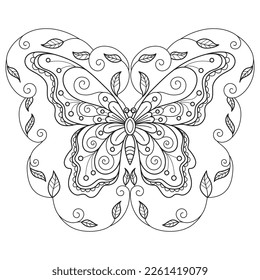 Butterfly and leaf hand drawn for adult coloring book