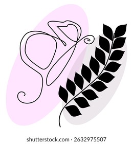 Butterfly leaf illustration. Black wing shape. Pink vector background. Elegant line art.