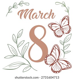 Ein Schmetterling und ein Blatt sind auf weißem Hintergrund. Internationaler Frauentag, 8. März