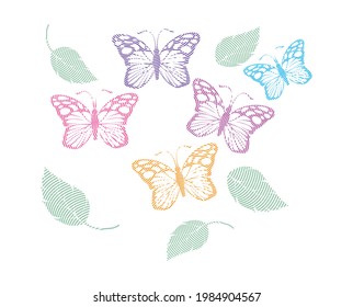 butterfly and leaves image vector with embroidery style