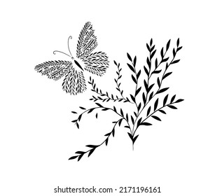 Mariposa de hojas en una rama. Ilustración del vector