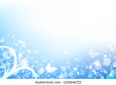 Butterfly and leaves scatter with blur fresh bubble air and star shine sparkle blue sky Bokeh winter nature season concept abstract background vector illustration