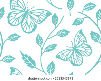Butterfly and Leaves Seamless Nature Pattern in Teal Outline. butterfly, leaf, seamless, nature, spring, botanical, teal, insect, pattern, outline