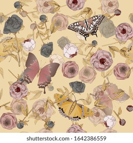Butterfly and leaves, stems and inflorescences of peonies and roses vector illustration. Picture with pink, blue and white flowers on aquamarine background. Endless pattern. EPS10