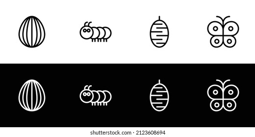 Butterfly life cycle icon. Flat design icon collection isolated on black and white background. Egg, caterpillar, chrysalis, and adult butterfly.