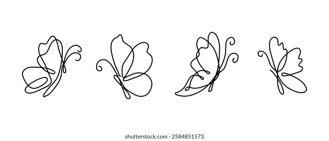 Butterfly Line art Drawing. Vector hand drawn illustration. Single continuous Line for logo or icon. Insects set for icon or logo