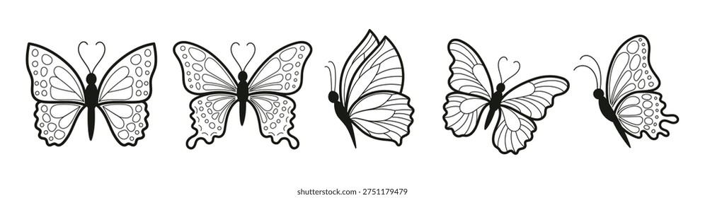 Butterfly Line Art Elements Set. Hand-Drawn Minimal Outline Butterflies, Decorative Designs in a vector illustration